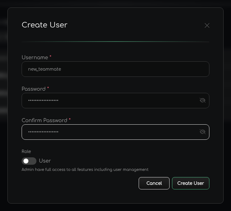 The dialog for creating a user, with fields for the username, the password and its confirmation, and a switch for the role.