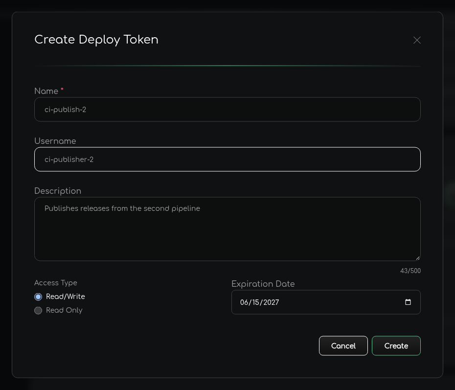 The Create Deploy Token dialog with the fields Name, Username and Description filled in, the access type Read/Write selected and an expiration date.