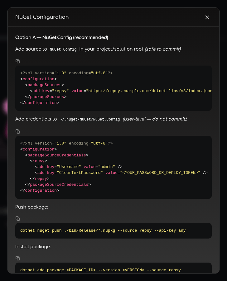 The Configure dialog of a NuGet repository with the NuGet.Config snippets and the dotnet commands.