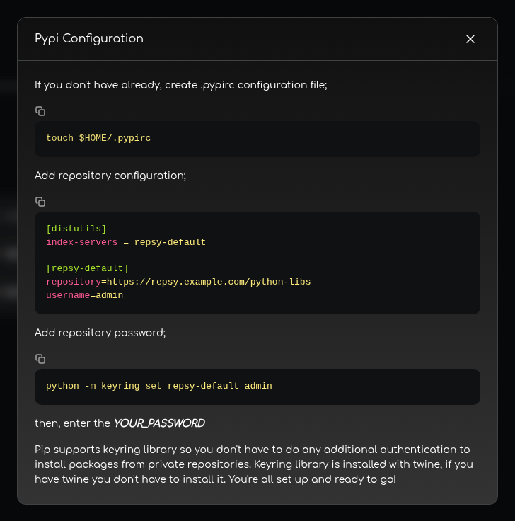 The Pypi Configuration dialog with a .pypirc snippet and the command that stores the password with keyring.