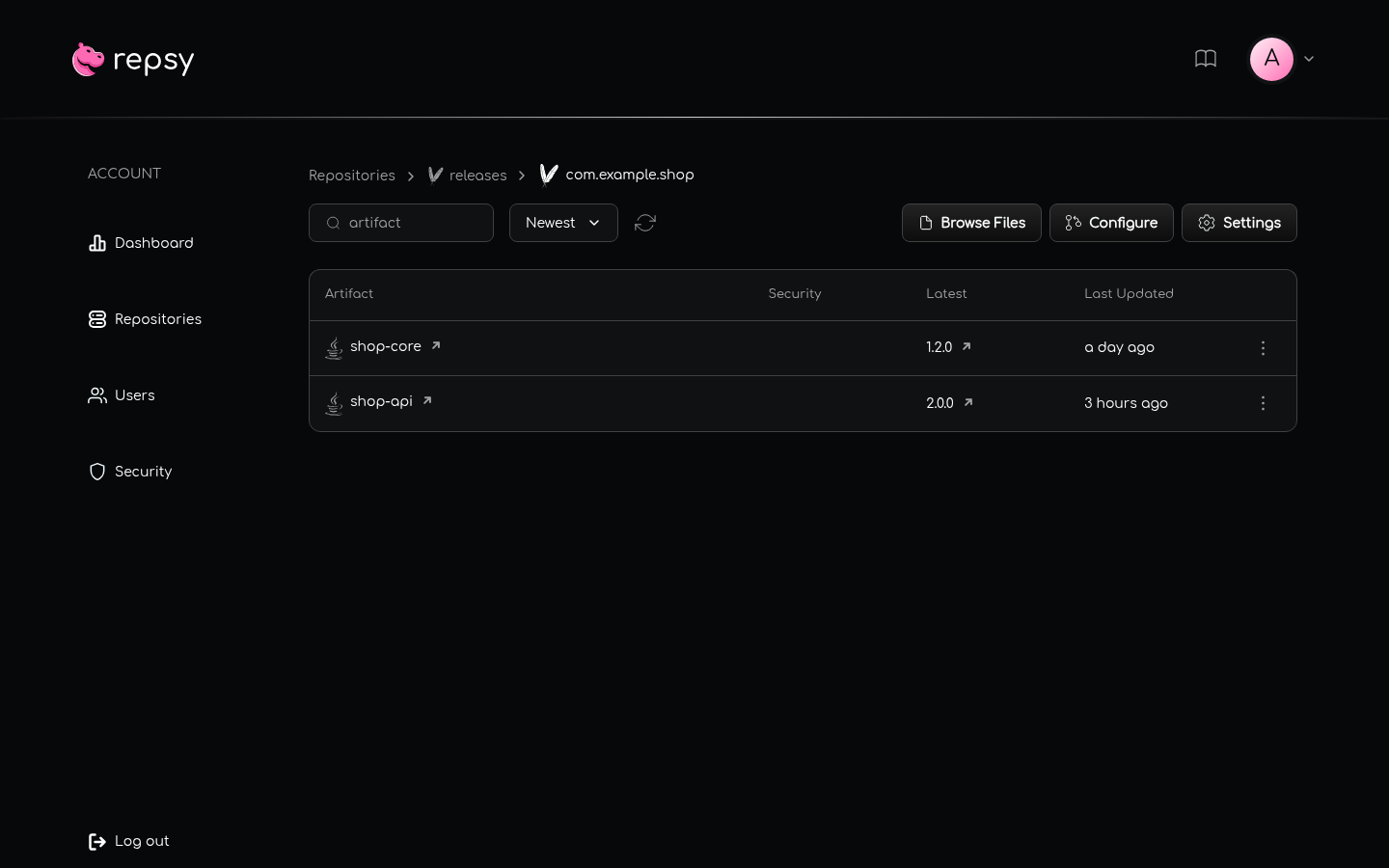 The list of artifacts in a Maven group.