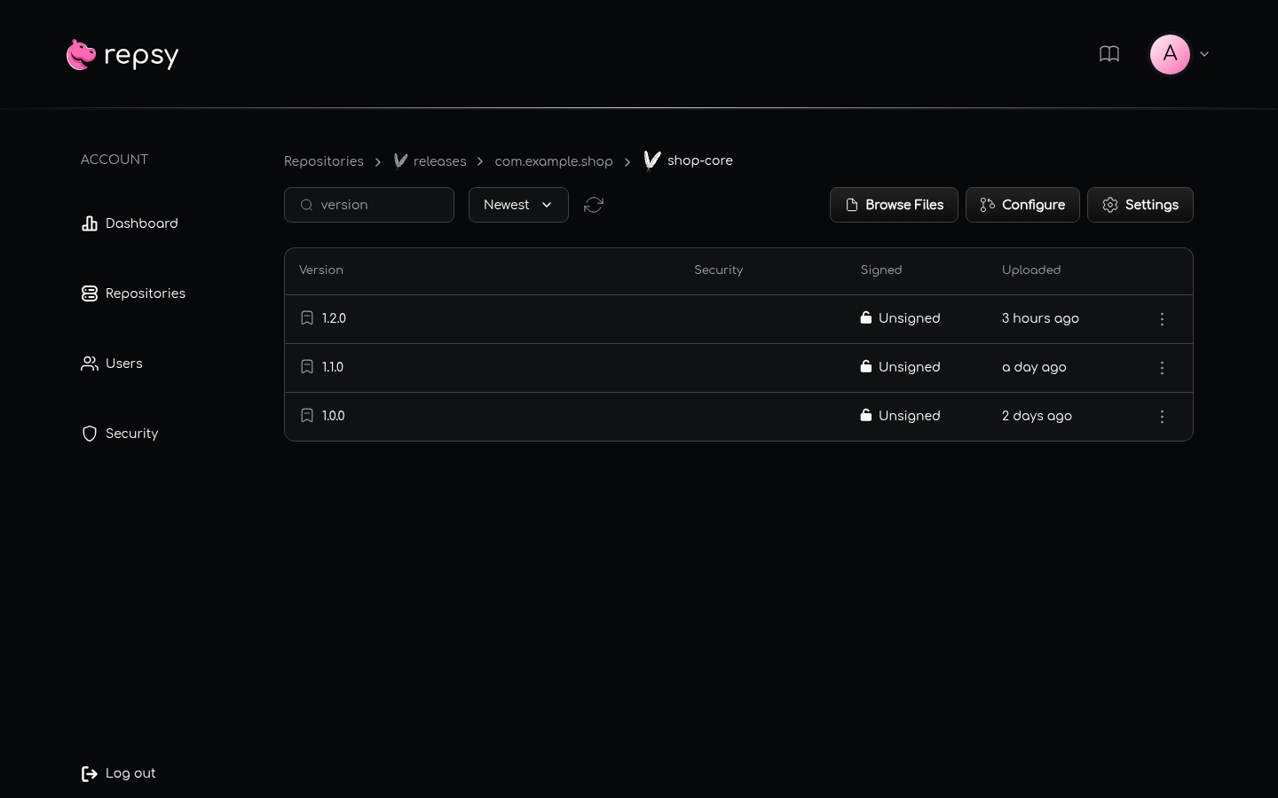 The list of versions of an artifact.